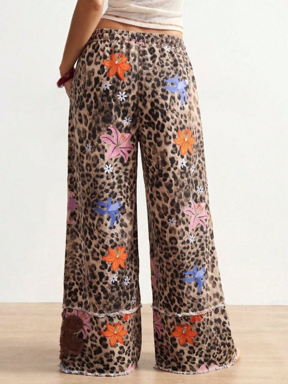 Khaki Casual Women's Vacation Boho Leopard Print Floral Wide Leg Long Pants - Picture 2 of 7
